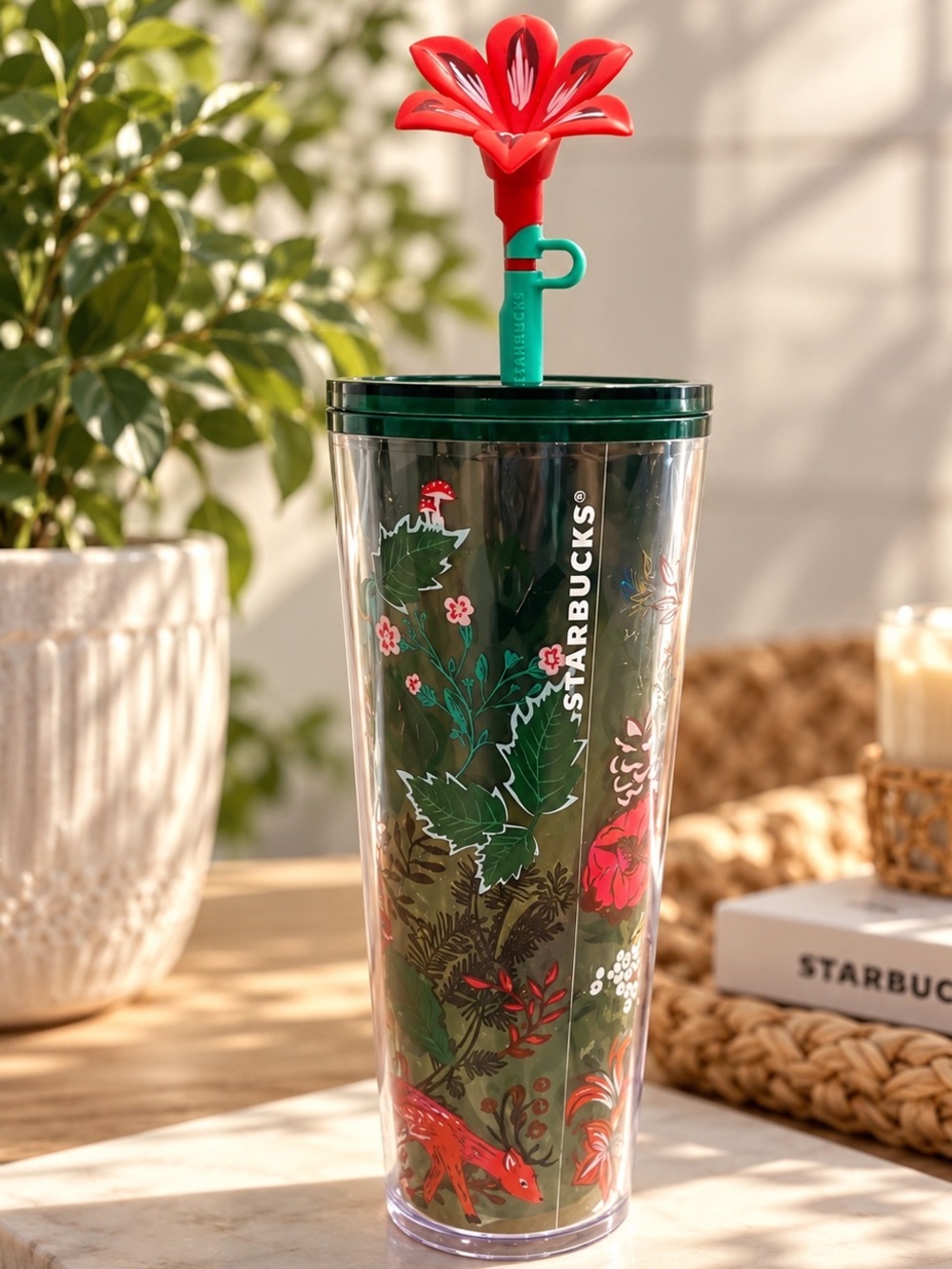Starbucks 24oz Holiday Floral Tumbler Red Poinsettia Straw Topper Cold Cup